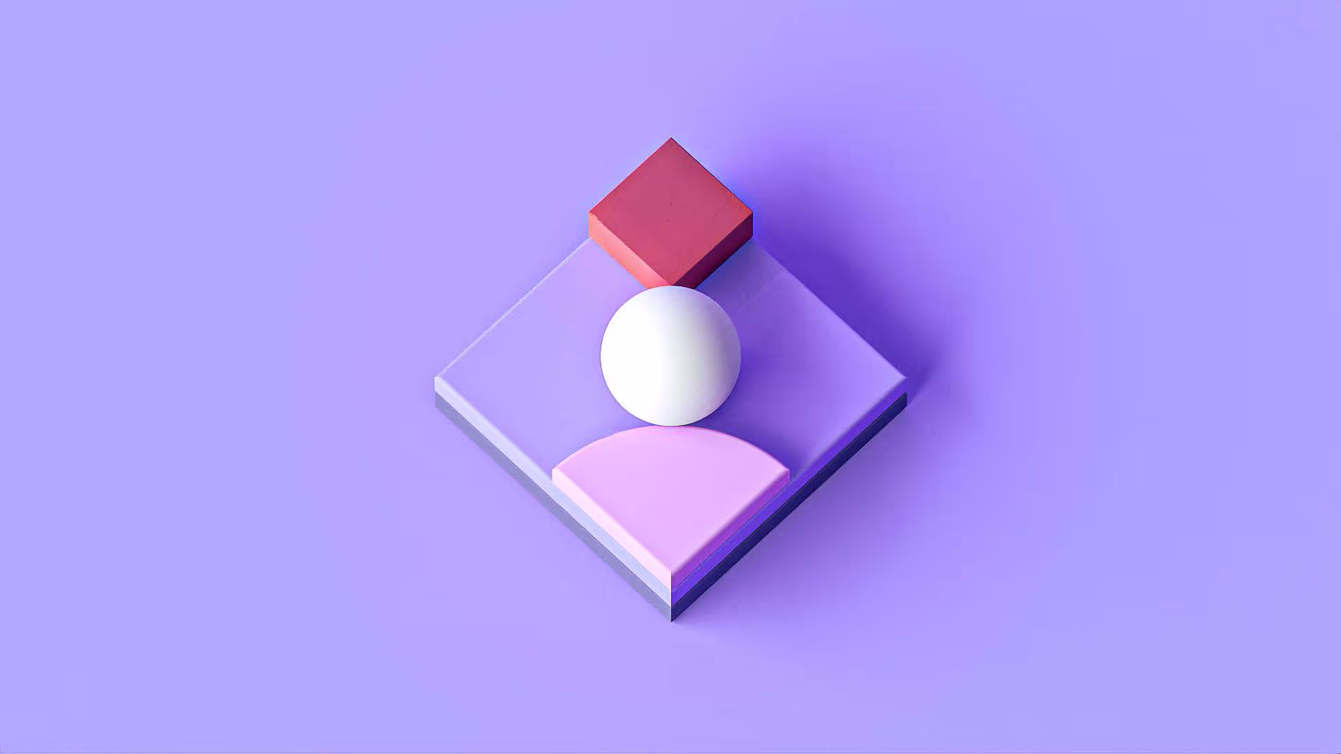 A purple square with a white ball and a red square.