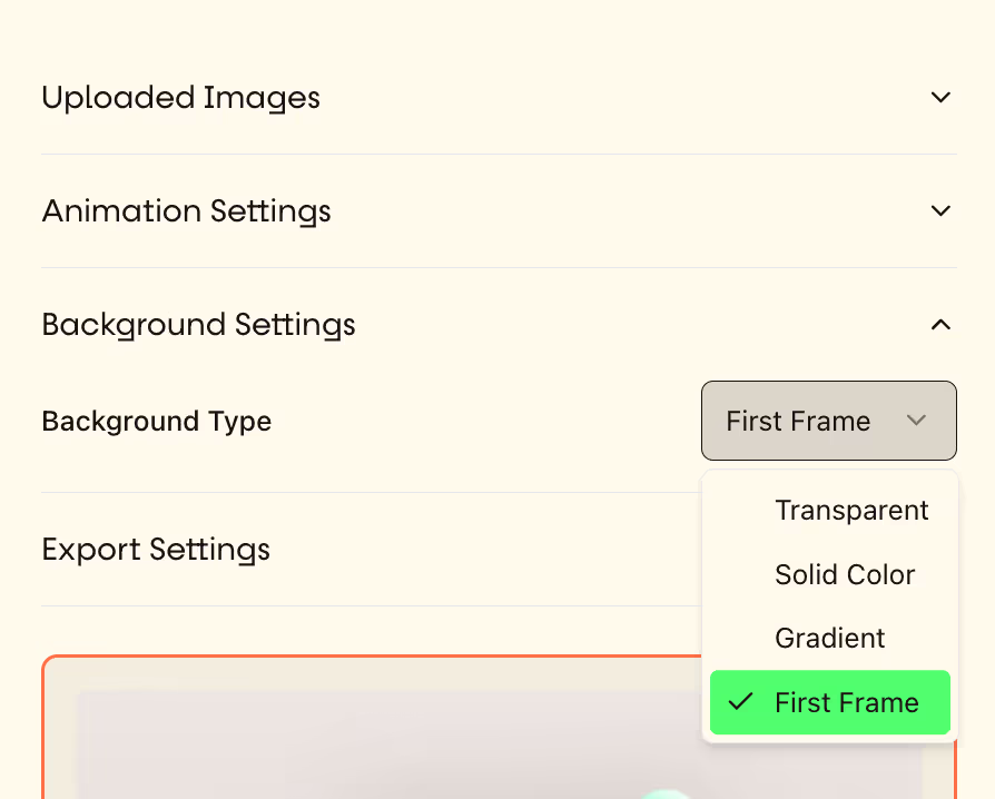 GIF background settings with options for transparency, solid color, gradient, or first frame.