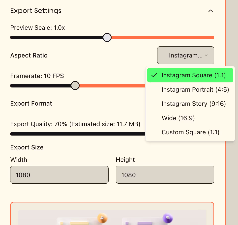 Export settings for GIF creation, including aspect ratio, framerate, and quality settings.