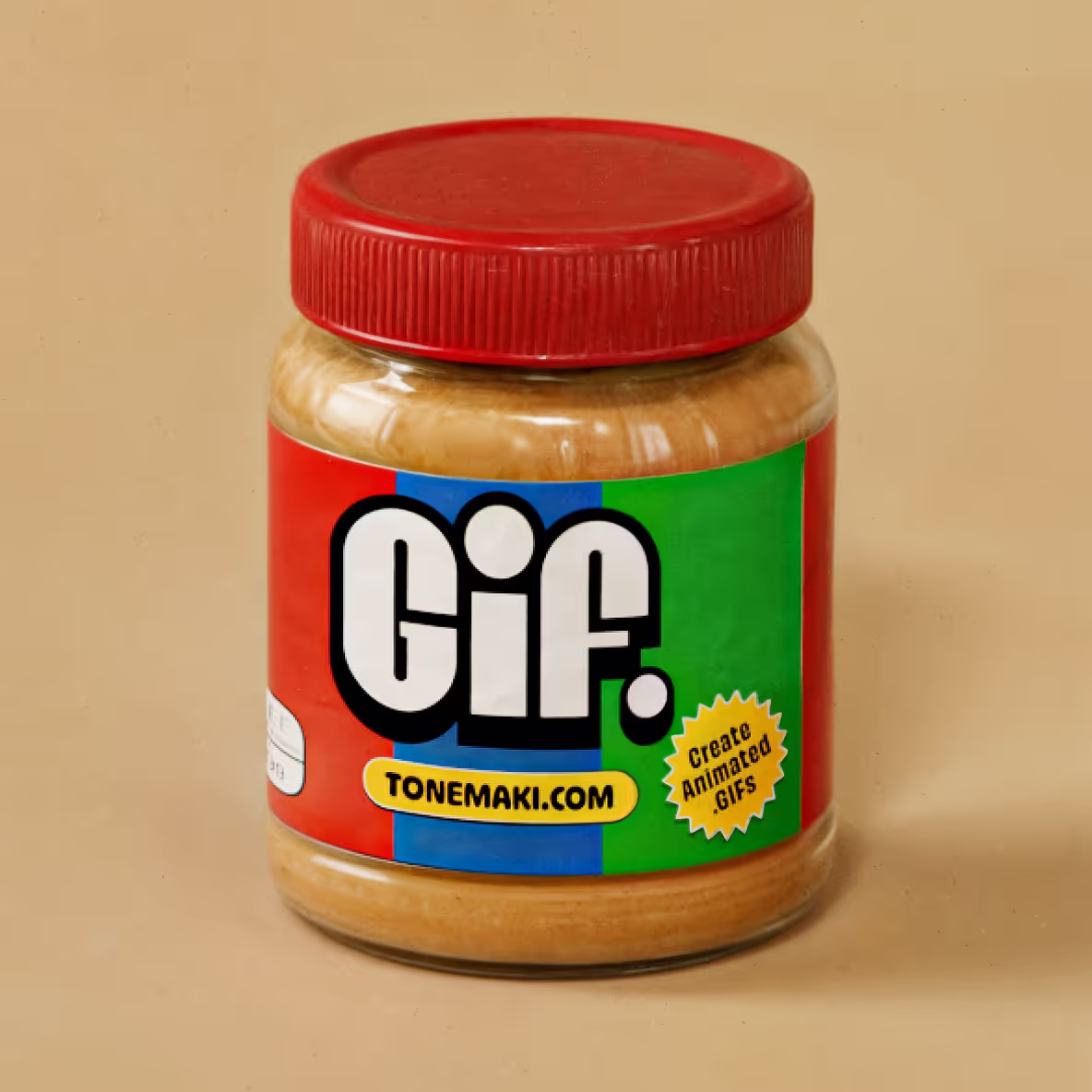 Creative branding for GIF Maker with a peanut butter jar labeled 'GIF' and Tonemaki.com logo.