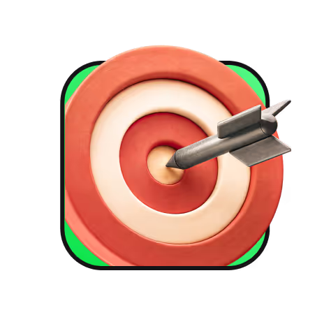 A precise 3D-rendered icon symbolizing goals and accuracy, featuring a vibrant red and white bullseye target. The target is rendered with exceptional detail, displaying subtle texture and depth. At the center, a sleek metallic arrow pierces the bullseye, representing ultimate precision and achievement. A soft mint-green square background adds balance, while the composition radiates focus and determination. Designed in Cinema 4D with Maxon One, the materials and textures are meticulously enhanced with Greyscale Gorilla plugins, ensuring a polished and motivational visual. This icon captures the spirit of hitting objectives and strategic success. Made by Tone Segurado