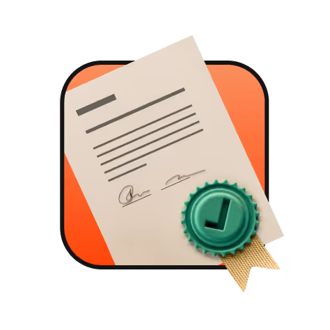 An intricately designed 3D icon representing trust, reliability, and professionalism. It features a crisp, textured document with subtle fold marks, complete with printed text and authentic signatures. A green wax seal, detailed with a ribbon and a stamped checkmark, rests prominently at the bottom, symbolizing validation and authenticity. The icon is set against a bold orange square background, adding warmth and a sense of credibility. Rendered in Cinema 4D with Maxon One, the design incorporates premium Greyscale Gorilla materials to achieve realistic textures and finishes. This icon is a visual metaphor for agreements, trustworthiness, and secure partnerships. Made by Tone Segurado